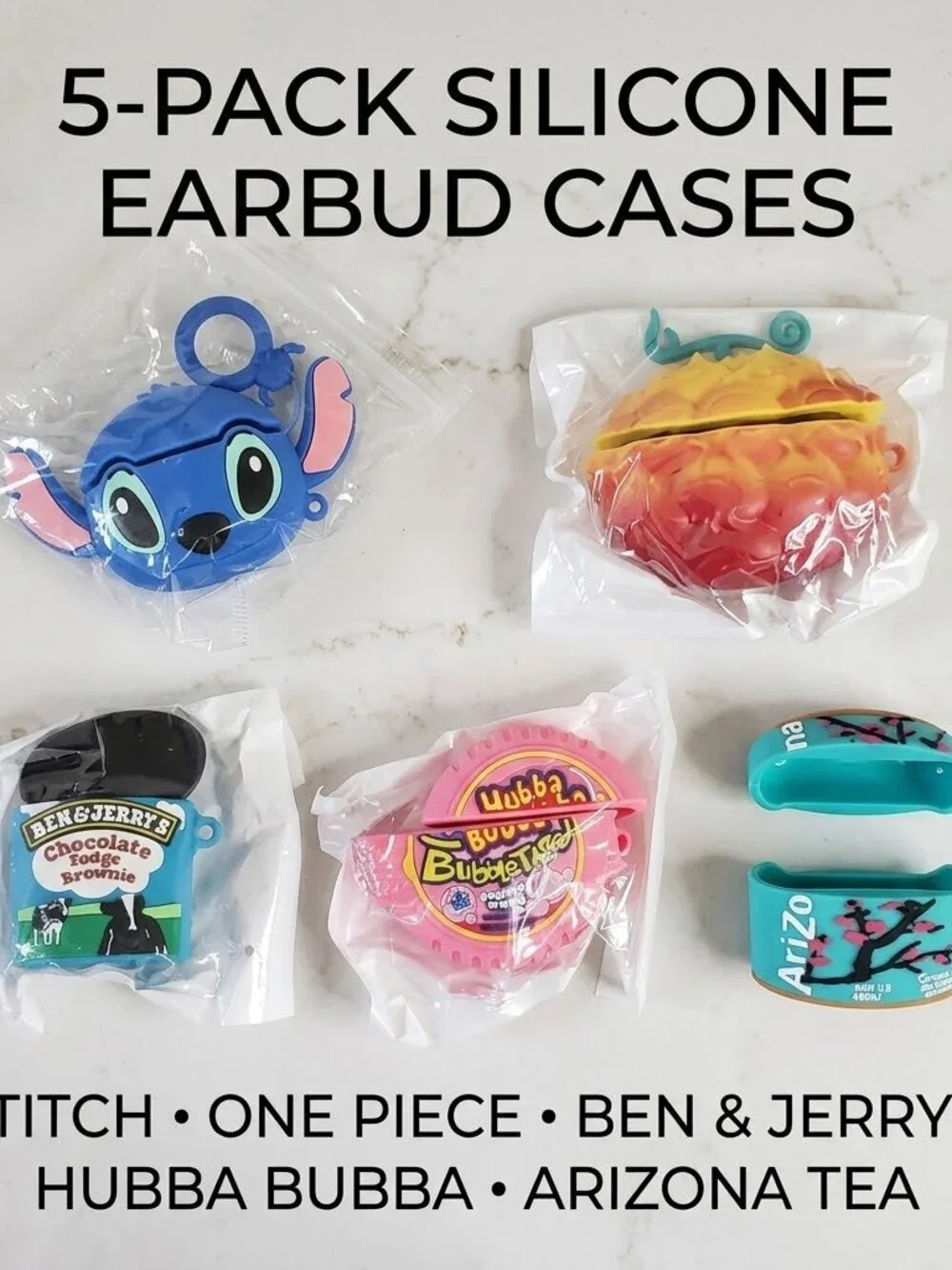 5-Pack Novelty Silicone Earbud Cases - Stitch, One Piece, Ben & Jerry's & More